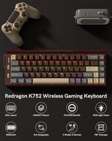 Redragon K752 Wireless Mechanical Keyboard, 60% Gasket Mount Gaming Keyboard with RGB Backlit, Creamy Sound, Tri-Mode 2.4GHz/BT5.0, Hot-Swappable, PBT Keycaps for PC/Mac Gamer in Saudi Arabia