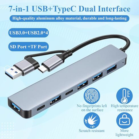 موزع USB-C، محول متعدد المنافذ 7 في 1 من النوع C متعدد المنافذ مع USB 3.0، منافذ بيانات USB 2.0 من النوع C لأجهزة الكمبيوتر المحمول والكمبيوتر الشخصي وسطح المكتب وأجهزة أخرى من الأنواع C in Kuwait