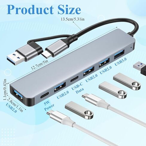 موزع USB-C، محول متعدد المنافذ 7 في 1 من النوع C متعدد المنافذ مع USB 3.0، منافذ بيانات USB 2.0 من النوع C لأجهزة الكمبيوتر المحمول والكمبيوتر الشخصي وسطح المكتب وأجهزة أخرى من الأنواع C in Kuwait