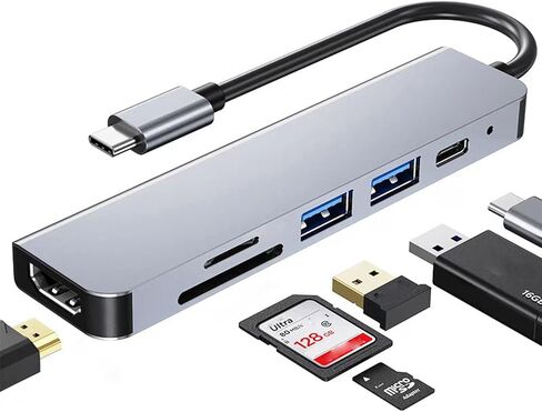 موزع USB C 6 في 1 مع HDMI (4K@30 هرتز)، محول USB-C إلى HDMI توصيل طاقة 100 وات، USB 3.0، USB 2.0، قارئ بطاقة SD/TF متوافق مع iPhone 15/16، MacBook، iPad Pro، Samsung Galaxy S8، Dell XPS in Kuwait