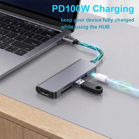 موزع USB C 6 في 1 مع HDMI (4K@30 هرتز)، محول USB-C إلى HDMI توصيل طاقة 100 وات، USB 3.0، USB 2.0، قارئ بطاقة SD/TF متوافق مع iPhone 15/16، MacBook، iPad Pro، Samsung Galaxy S8، Dell XPS in Kuwait