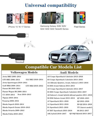 سلك USB-C إلى AMI Aux لهاتف iPhone 15/16/17، كابل صوت USB من النوع C إلى MMI معتمد من Apple MFi متوافق مع Audi A3/A4/A5/A6/A8/S4/S6/S8/TT، دونجل شحن صوت السيارة المضفر من النايلون (3.3FT) in Saudi Arabia