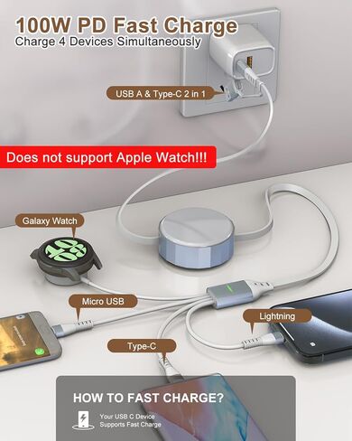 100W 4 in 1 Multi Charging Cable for Samsung Watch - 2 in 1 USB A/C Input Retractable Fast Charger Cord for Galaxy S23/22, iPhone17/16/15/14/13/12, Android, 3M/10Ft(Apple Watch Not Supported) in Kuwait