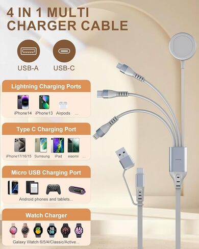 100W 4 in 1 Multi Charging Cable for Samsung Watch - 2 in 1 USB A/C Input Retractable Fast Charger Cord for Galaxy S23/22, iPhone17/16/15/14/13/12, Android, 3M/10Ft(Apple Watch Not Supported) in Kuwait