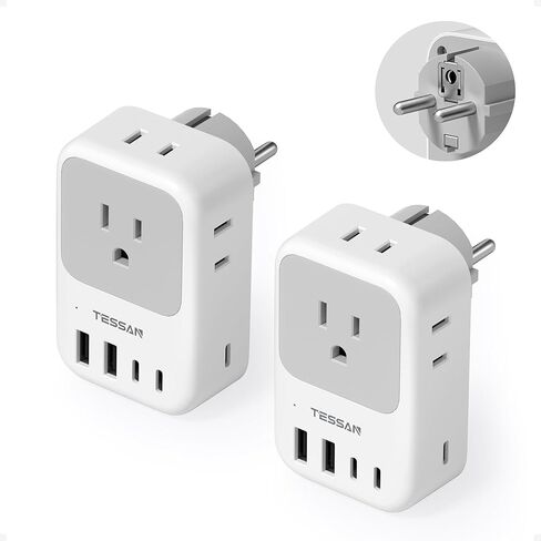 تيسان نوع F محول التوصيل 2 حزمة، 28W ألمانيا فرنسا محول التوصيل السفر مع 4 منافذ 5 منافذ USB (3 USB-C)، محول الطاقة من النوع E للولايات المتحدة إلى أوروبا إسبانيا أيسلندا اليونان كوريا الجنوبية روسيا النرويج in Saudi Arabia