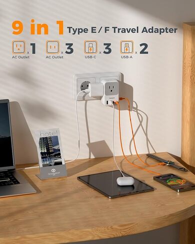 تيسان نوع F محول التوصيل 2 حزمة، 28W ألمانيا فرنسا محول التوصيل السفر مع 4 منافذ 5 منافذ USB (3 USB-C)، محول الطاقة من النوع E للولايات المتحدة إلى أوروبا إسبانيا أيسلندا اليونان كوريا الجنوبية روسيا النرويج in Saudi Arabia