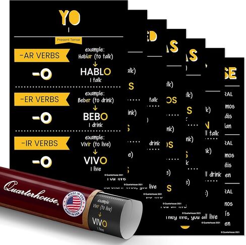 Quarterhouse Spanish Present-Tense Verbs Poster Set, Spanish - ESL Classroom Learning Materials for K-12 Students and Teachers, Set of 7, 12x18", Extra Durable in Kuwait