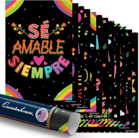 Quarterhouse Spanish Motivational (Black) Poster Set, Spanish Classroom Learning Materials for K-12 Students and Teachers, Set of 12, 12 x 18 Inches, Extra Durable in Saudi Arabia
