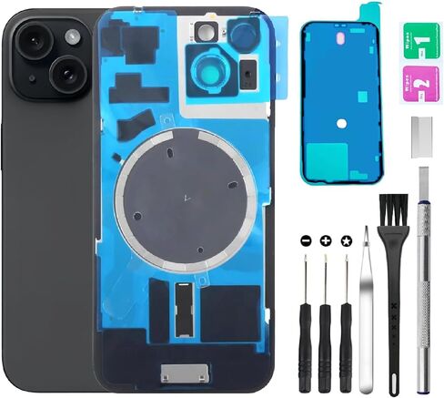 Rear Back Cover Glass Replacement for iPhone 15 Back Glass + Camera Lens + Magnet + Iron Piece Holder with Repair Tool Kit (Black) in Saudi Arabia