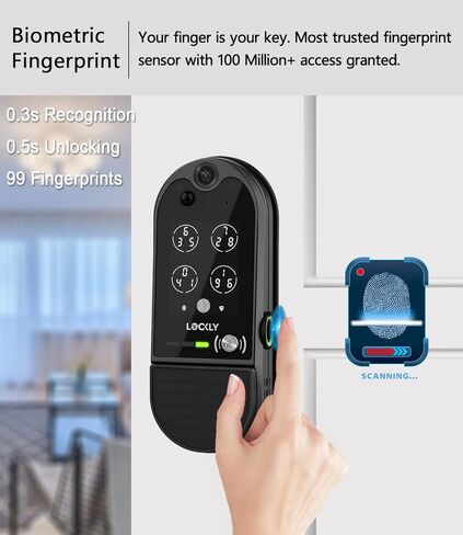 Lockly Vision Elite - قفل ذكي لفيديو WiFi مع كاميرا رؤية ليلية، مستشعر حركة، بصمة بيومترية، التحكم الصوتي، التحكم عن بعد في التطبيق، جرس الباب، لوحة شمسية، لوحة مفاتيح رقمية، أسود غير لامع in Kuwait