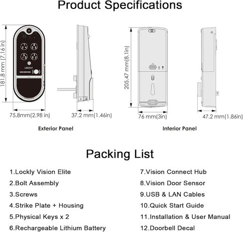 Lockly Vision Elite - قفل ذكي لفيديو WiFi مع كاميرا رؤية ليلية، مستشعر حركة، بصمة بيومترية، التحكم الصوتي، التحكم عن بعد في التطبيق، جرس الباب، لوحة شمسية، لوحة مفاتيح رقمية، أسود غير لامع in Kuwait