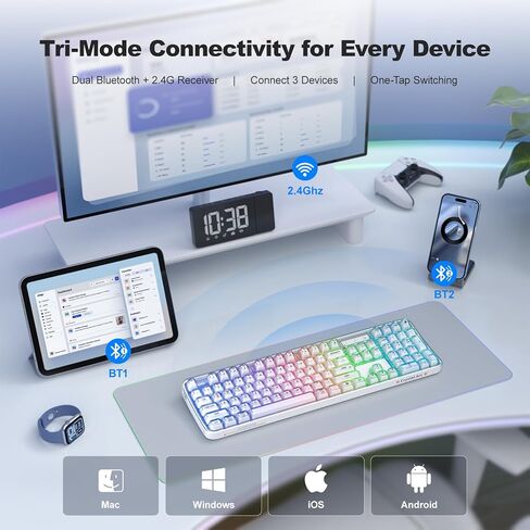 MOFII Wireless Computer Keyboard with RGB Backlit, Tri-Mode Bluetooth 5.0/USB-C/2.4GHz Gaming Keyboard, Full Size Layout, Ergonomic Curved Design for Windows Mac PC Gamers & Office in Saudi Arabia