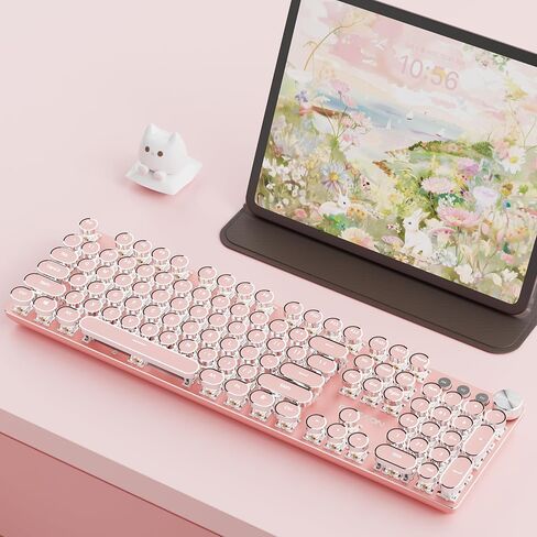 SEUNKWANG EWEADN V20 Typewriter Keyboard Wireless, 104 Keys Mechanical with White Backlit, Media Knob, Pink Switch 2.4G/Bluetooth/USB-A Wired Retro Full Size Keyboard for Windows/Mac/PC-Pink in Saudi Arabia
