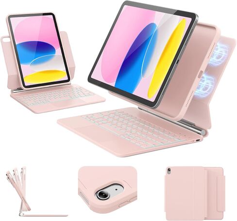 for iPad 11th (A16, 2025)/10th Generation Case with Keyboard, Portrait/Landscape, 11-Color Backlit & Multi-Touch Trackpad, Detachable Case & Stain-Resistant Leather, Pencil Buckle,Pink in Saudi Arabia