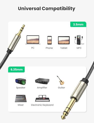 UGREEN 6.35 ملم 1/4 ذكر إلى 3.5 ملم 1/8 كابل صوت 6FT و2 حزمة 1/4 بوصة ذكر إلى 3.5 ملم أنثى محول حزمة in Saudi Arabia