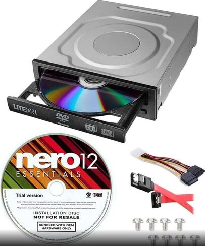 محرك الأقراص الضوئية الداخلي Lite-On 24X SATA DVD+/-RW IHAS124-14 + Nero 12 Essentials Burning Software + طقم كابل Sata in Kuwait