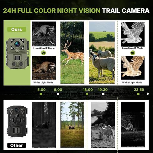 كاميرا WOSPORTS Night Full Color Trail، كاميرا لعبة Trigger 5K 60MP 0.1s مع 100 قدم واضحة، وضع مزدوج (الأشعة تحت الحمراء منخفضة التوهج والضوء الأبيض)، كاميرا IP66 لمراقبة الحياة البرية وأمنها، فيديو H.264 MP4 in Kuwait