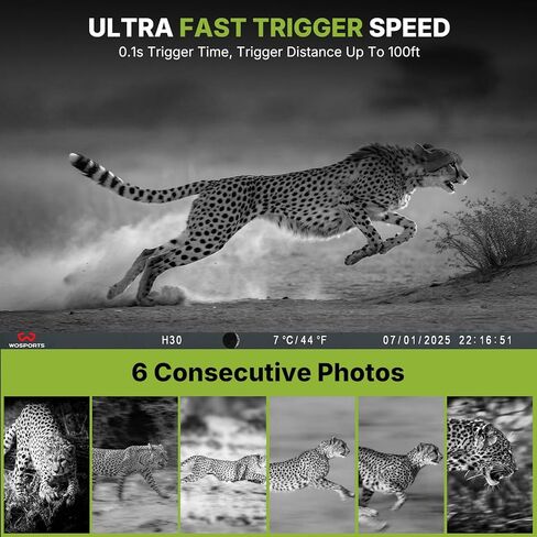 كاميرا WOSPORTS Night Full Color Trail، كاميرا لعبة Trigger 5K 60MP 0.1s مع 100 قدم واضحة، وضع مزدوج (الأشعة تحت الحمراء منخفضة التوهج والضوء الأبيض)، كاميرا IP66 لمراقبة الحياة البرية وأمنها، فيديو H.264 MP4 in Kuwait