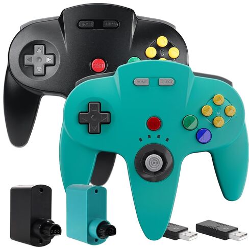 SAFFUN 2 Pack Wireless N64 Controller Made for Switch 1 & 2، وحدة تحكم N64، أجهزة استقبال لاسلكية 2.4 جيجا هرتز متوافقة مع Switch Online، Windows PC، macOS (اهتزاز مدمج) (قابلة لإعادة الشحن) سماوي/أسود in Saudi Arabia