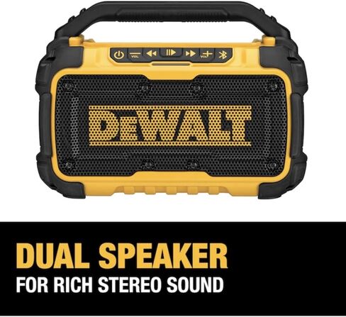 مكبر صوت بلوتوث DEWALT 20V MAX مع مكبرات صوت مزدوجة، غطاء مقاوم للصدمات، نطاق 100 قدم، منفذ شحن USB، بطارية 2.0 أمبير وشاحن متضمن in Saudi Arabia