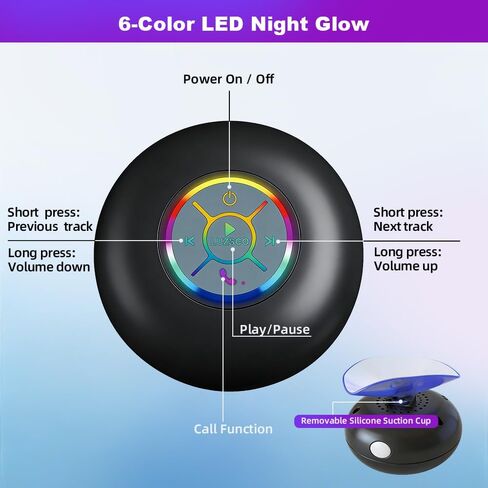 مكبر صوت بلوتوث مع LED - مكبر صوت صغير لاسلكي محمول مع ميكروفون وكوب شفط، مقاوم للماء IPX4 للاستحمام والسفر وحمام السباحة والنهر العائم والمرح في الهواء الطلق (أسود) in Kuwait