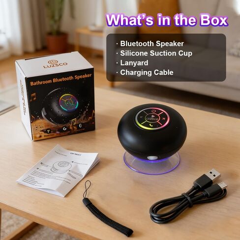 مكبر صوت بلوتوث مع LED - مكبر صوت صغير لاسلكي محمول مع ميكروفون وكوب شفط، مقاوم للماء IPX4 للاستحمام والسفر وحمام السباحة والنهر العائم والمرح في الهواء الطلق (أسود) in Kuwait