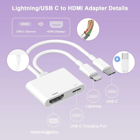 [معتمد من Apple MFi] محول Lightning وUSB-C إلى HDMI لأجهزة iPhone إلى التلفزيون، 2 في 1 4K@60 هرتز Lightning Type C Digital AV HDMI سلك محول لهاتف iPhone 17 16 15 14 13 12 11 XS XR X إلى التلفزيون/جهاز العرض/الشاشة in Saudi Arabia