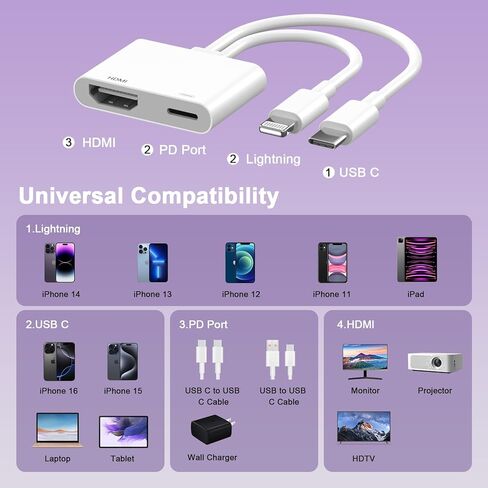 [معتمد من Apple MFi] محول Lightning وUSB-C إلى HDMI لأجهزة iPhone إلى التلفزيون، 2 في 1 4K@60 هرتز Lightning Type C Digital AV HDMI سلك محول لهاتف iPhone 17 16 15 14 13 12 11 XS XR X إلى التلفزيون/جهاز العرض/الشاشة in Saudi Arabia