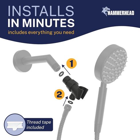 حامل رأس دش محمول من المعدن الصلب من HammerHead Showers® - أسود غير لامع - حامل عصا دش قابل للتعديل مع دعامة خطاف حائطية عالمية وكرة محورية نحاسية - حامل رأس دش محمول باليد in Kuwait