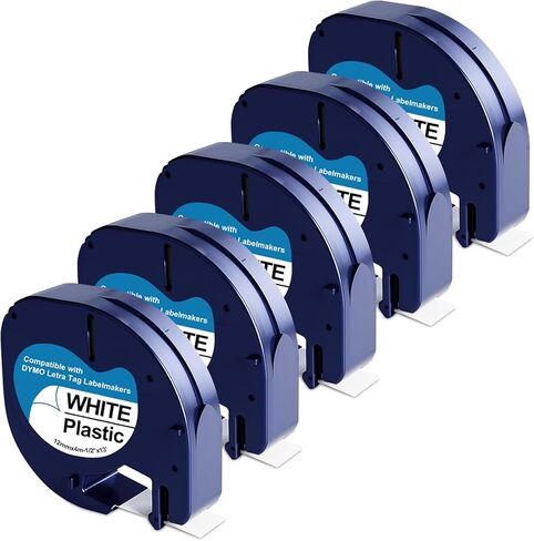 JOJOME 5 عبوات 91331 شريط لاصق بلاستيكي أبيض بديل لعبوات Dymo Letratag 12 مم × 4 م 1/2 بوصة × 13 قدم يعمل مع صانعي الملصقات DYMO LetraTag LT-100H LT-100T QX50 200B in Kuwait