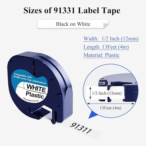 JOJOME 5 عبوات 91331 شريط لاصق بلاستيكي أبيض بديل لعبوات Dymo Letratag 12 مم × 4 م 1/2 بوصة × 13 قدم يعمل مع صانعي الملصقات DYMO LetraTag LT-100H LT-100T QX50 200B in Kuwait