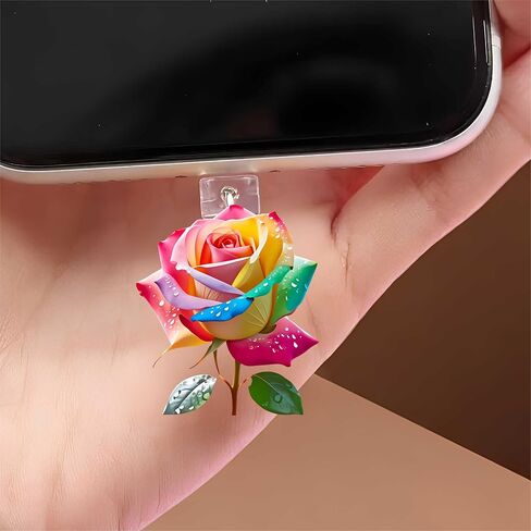 Rainbow Rose Drops Dust Plug Acrylic Charms for electronic products,Type-C Charging Port Dust Plugs Pendant Compatible with E-Reader Phone Tablet, Gift for Christmas, Birthday, Anniversary Day in Saudi Arabia