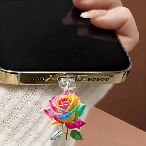 Rainbow Rose Drops Dust Plug Acrylic Charms for electronic products,Type-C Charging Port Dust Plugs Pendant Compatible with E-Reader Phone Tablet, Gift for Christmas, Birthday, Anniversary Day in Saudi Arabia