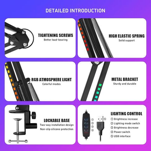 Micufuns Vocal Dynamic Microphone, XLR/USB Podcast Recording PC Microphone,Studio Metal Mic with Mute, Headphone Jack, Monitoring Volume Control,with RGB microphone boom arm (M338-A) in Saudi Arabia
