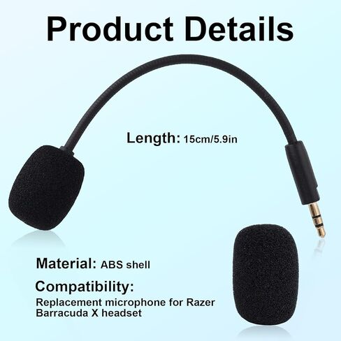 Mic Replacement for Razer Barracuda X Headsets, 3.5mm/0.14in Detachable Gaming Boom Headphone Microphone Parts Replacement with Foam Cover Compatible with Barracuda X Headsets, Noise Cancelling in Saudi Arabia