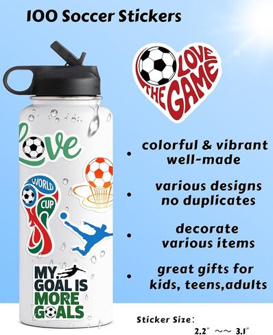 100 Pcs Soccer Stickers for Kids Teens Adults, Waterproof Stickers for Water Bottle Laptop, Cool Soccer Party Favors and Gifts, Goodie Bag Stuffers for Boys Girls in Saudi Arabia