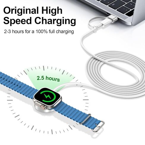 شاحن ساعة Apple، 2 في 1 كابل شحن سريع مغناطيسي USB/Type C، شحن لاسلكي مغناطيسي متوافق مع Apple Watch Series Ultra/SE/11/10/9/8/7/SE/6/5/4/3/2-6.6 قدم، أبيض in Saudi Arabia