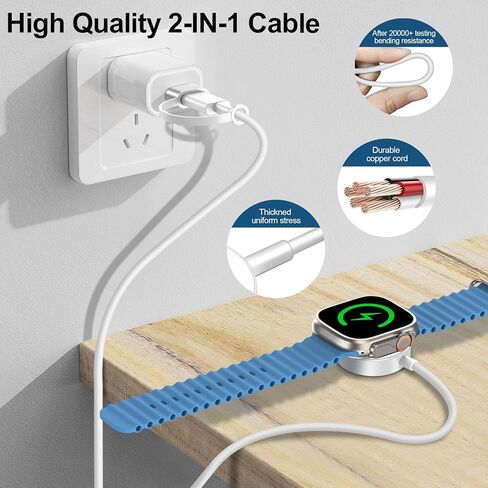 شاحن ساعة Apple، 2 في 1 كابل شحن سريع مغناطيسي USB/Type C، شحن لاسلكي مغناطيسي متوافق مع Apple Watch Series Ultra/SE/11/10/9/8/7/SE/6/5/4/3/2-6.6 قدم، أبيض in Saudi Arabia