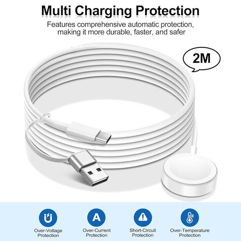 شاحن ساعة Apple، 2 في 1 كابل شحن سريع مغناطيسي USB/Type C، شحن لاسلكي مغناطيسي متوافق مع Apple Watch Series Ultra/SE/11/10/9/8/7/SE/6/5/4/3/2-6.6 قدم، أبيض in Saudi Arabia
