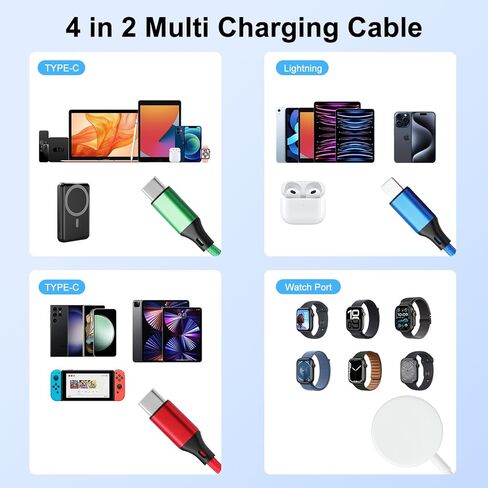كابل شحن مزدوج من النوع C 4 في 2 لشاحن ساعة iPhone، شاحن أساسيات السفر بطول 6 أقدام لأجهزة متعددة، كابل شاحن متعدد مجدول من النايلون لهاتف iPhone 17-13، Android in Kuwait
