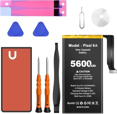 بطارية 5600 مللي أمبير في الساعة لهاتف Google Pixel 6A، بطارية ذات سعة أعلى جديدة 0 دورة متوافقة مع HTC Google Pixel 6A موديل GX7AS، GB62Z، G1AZG مع مجموعة أدوات إصلاح ولاصق/لاصق مقاوم للماء in Kuwait