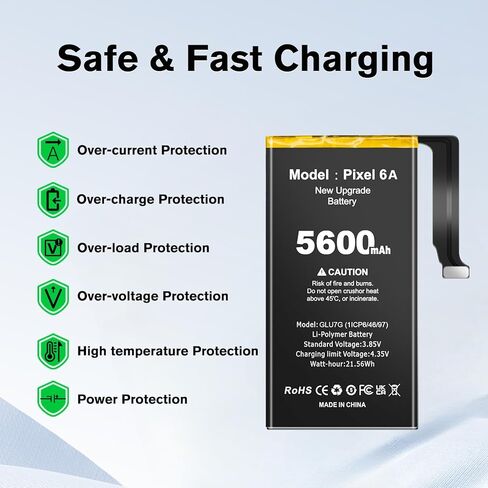 بطارية 5600 مللي أمبير في الساعة لهاتف Google Pixel 6A، بطارية ذات سعة أعلى جديدة 0 دورة متوافقة مع HTC Google Pixel 6A موديل GX7AS، GB62Z، G1AZG مع مجموعة أدوات إصلاح ولاصق/لاصق مقاوم للماء in Kuwait