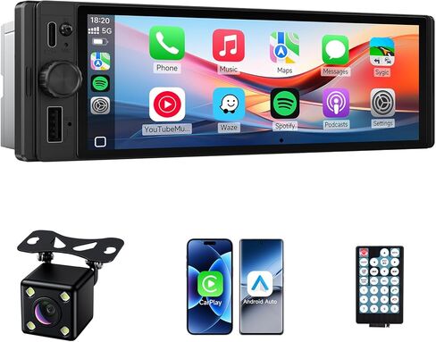 ستيريو سيارة أحادي الدين، 6.28 بوصة CarPlay لاسلكي وAndroid Auto شاشة لمس راديو واحدة Din وشاشة راديو السيارة MirrorLink Type-C وحدة رأس الشحن تدعم بلوتوث/SWC/FM/USB/EQ كاميرا احتياطية in Kuwait