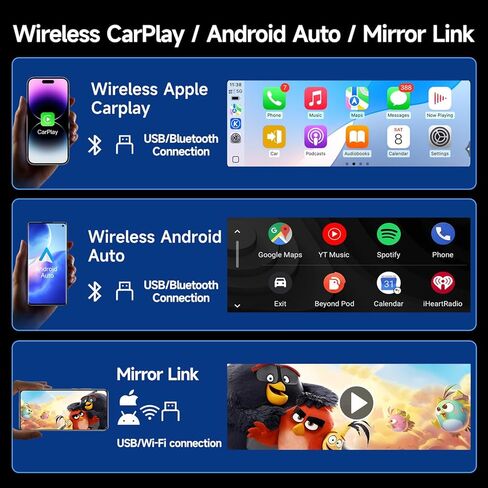 ستيريو سيارة أحادي الدين، 6.28 بوصة CarPlay لاسلكي وAndroid Auto شاشة لمس راديو واحدة Din وشاشة راديو السيارة MirrorLink Type-C وحدة رأس الشحن تدعم بلوتوث/SWC/FM/USB/EQ كاميرا احتياطية in Kuwait