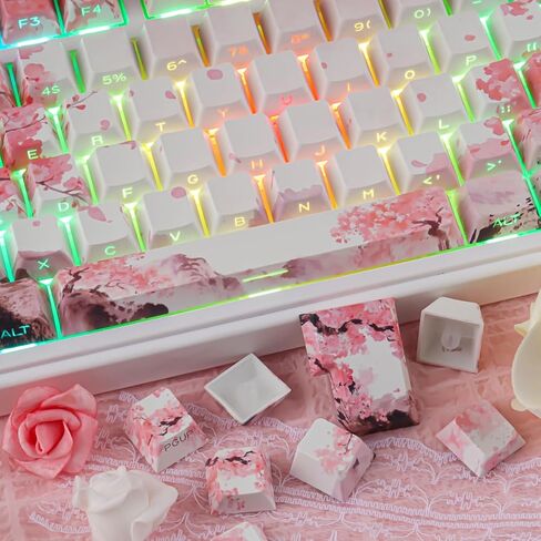 Tsungup PBT Keycaps Cherry Blossom Keycap Set - Custom Landscape Painting Sakura Pink Keycaps,131 Keys Side Print Key caps Cherry Profile Keyboard Key caps for Mechanical Keyboards in Saudi Arabia