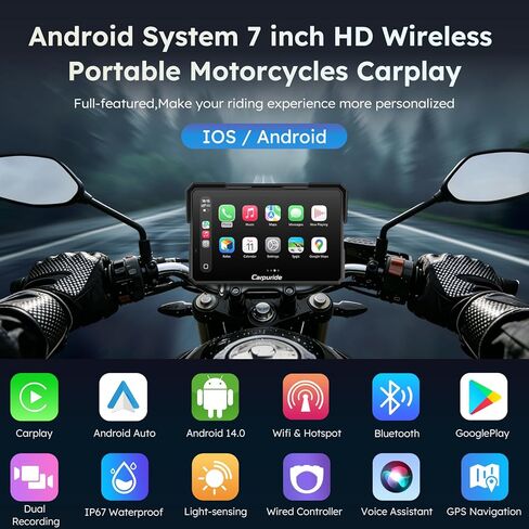 Carpuride W702 Plus for Motorcycle CarPlay & Android Auto & 8 Core Android 14, 1080p Dash Cam, 7-inch Waterproof Touchscreen for Online/Offline Navigation, Bluetooth, Loop Recording, Wired Controller in Saudi Arabia