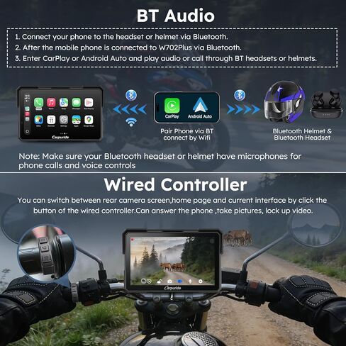 Carpuride W702 Plus for Motorcycle CarPlay & Android Auto & 8 Core Android 14, 1080p Dash Cam, 7-inch Waterproof Touchscreen for Online/Offline Navigation, Bluetooth, Loop Recording, Wired Controller in Saudi Arabia