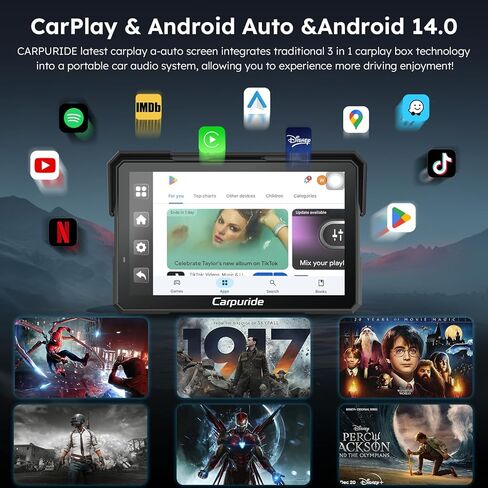 Carpuride W702 Plus for Motorcycle CarPlay & Android Auto & 8 Core Android 14, 1080p Dash Cam, 7-inch Waterproof Touchscreen for Online/Offline Navigation, Bluetooth, Loop Recording, Wired Controller in Saudi Arabia