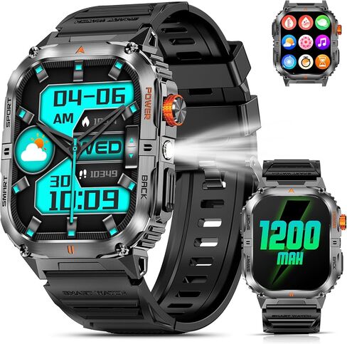 2.0" Large Screen Military Smart Watch for Men, 1200mAh Battery, 100+ Days Battery, Bluetooth Calls, LED Flashlight, IP68 Waterproof, 110+ Sports Modes, Heart Rate/SpO₂/Sleep Monitor for Android & iOS in Saudi Arabia