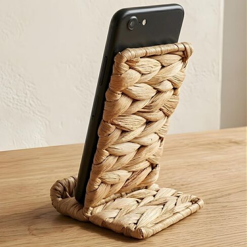 Hylara Handwoven Wicker Phone Stand for Desk - Natural Water Hyacinth Cell Phone Holder, Boho Desk Decor & Accessories, Universal Woven Stand for Home Office, Kitchen, and Nightstand in Saudi Arabia
